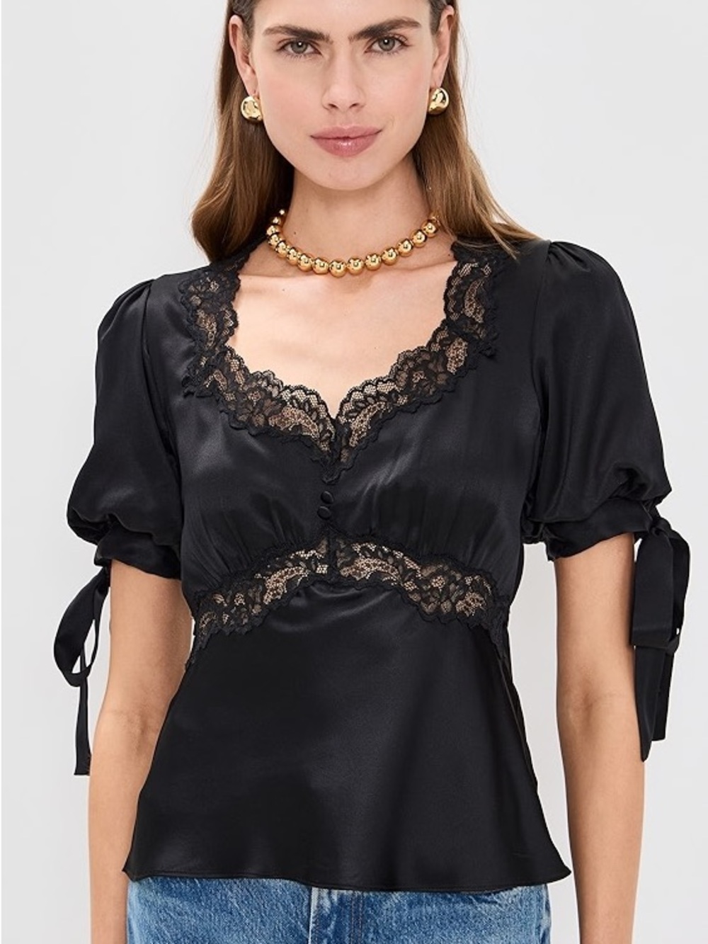 Reformation Black Lace-Trim Silk Short Sleeve Top